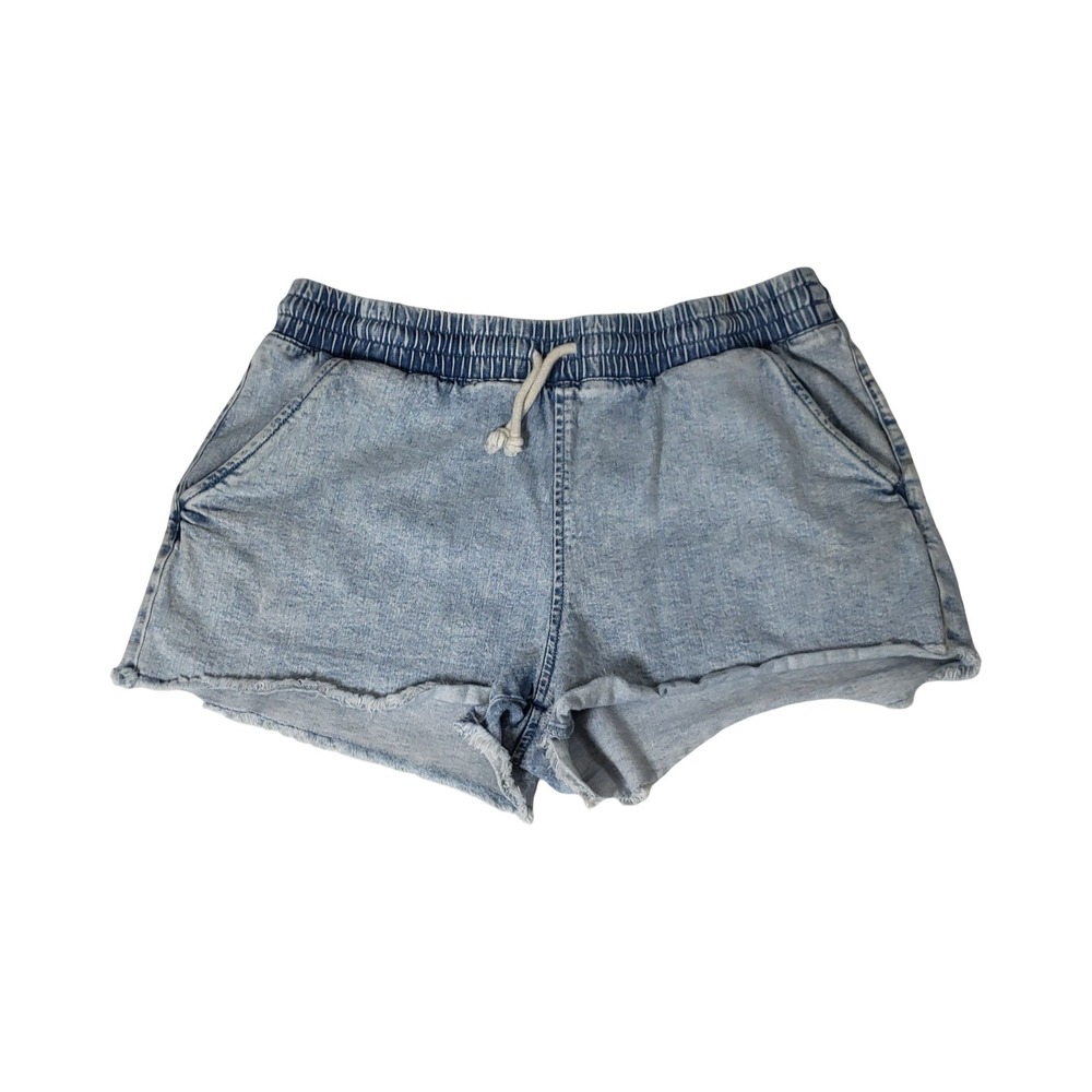 No Boundaries Womens Light Wash Elastic Waist Denim Shorts L 11-13 Frayed Hem